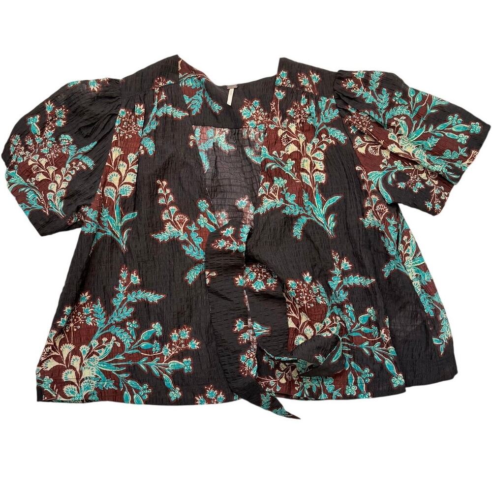 Free People Gauze Tie Front Blouse Womens Large Floral Boho Brown Teal